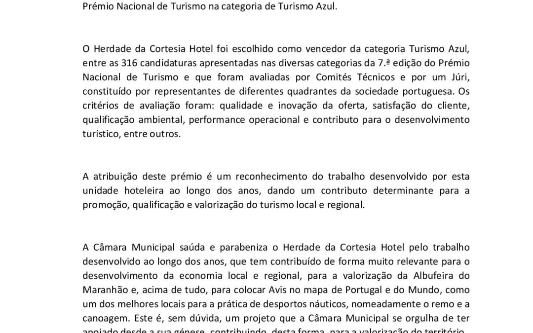 Câmara Municipal de Avis aprovou saudação ao Herdade da Cortesia Hotel pela atribuição de Prémio Nacional de Turismo